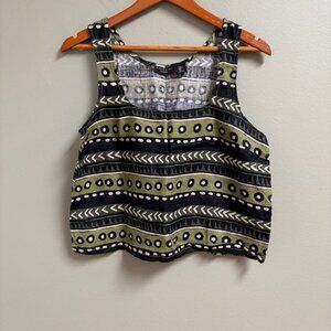 Tahari Womens 100% Linen Green Geometric Top Size M Artsy Cropped Boho Lagenlook